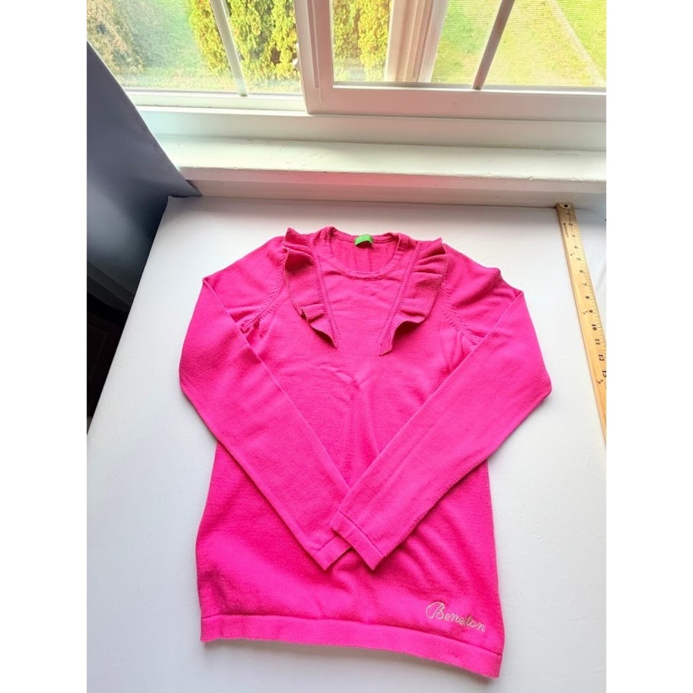 United Colors of Benetton Girls Hot Pink Ruffle Knit Sweater Long Sleeve Top